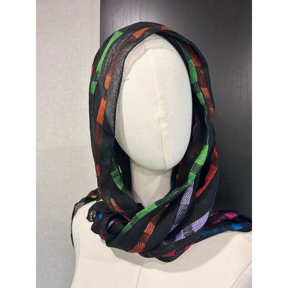 Scarf Black Vivid Color Stripes Fringe Boho Chic Fairy Cottage Core Formal Gauze